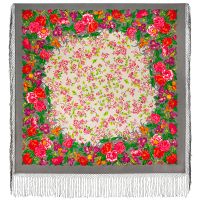 Платок из уплотненной шерстяной ткани с шелковой бахромой 'Цветущий сад'