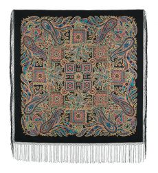 Платок из уплотненной шерстяной ткани с шелковой бахромой 'Печатный пряник'