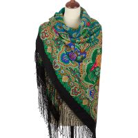 Многоцветный платок шерстяной ткани с шелковой бахромой 'Сказка'