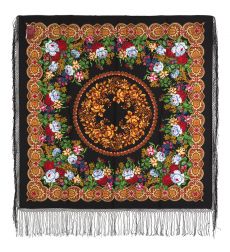 Многоцветный платок из уплотненной шерстяной ткани с шелковой бахромой 'Белые розы'